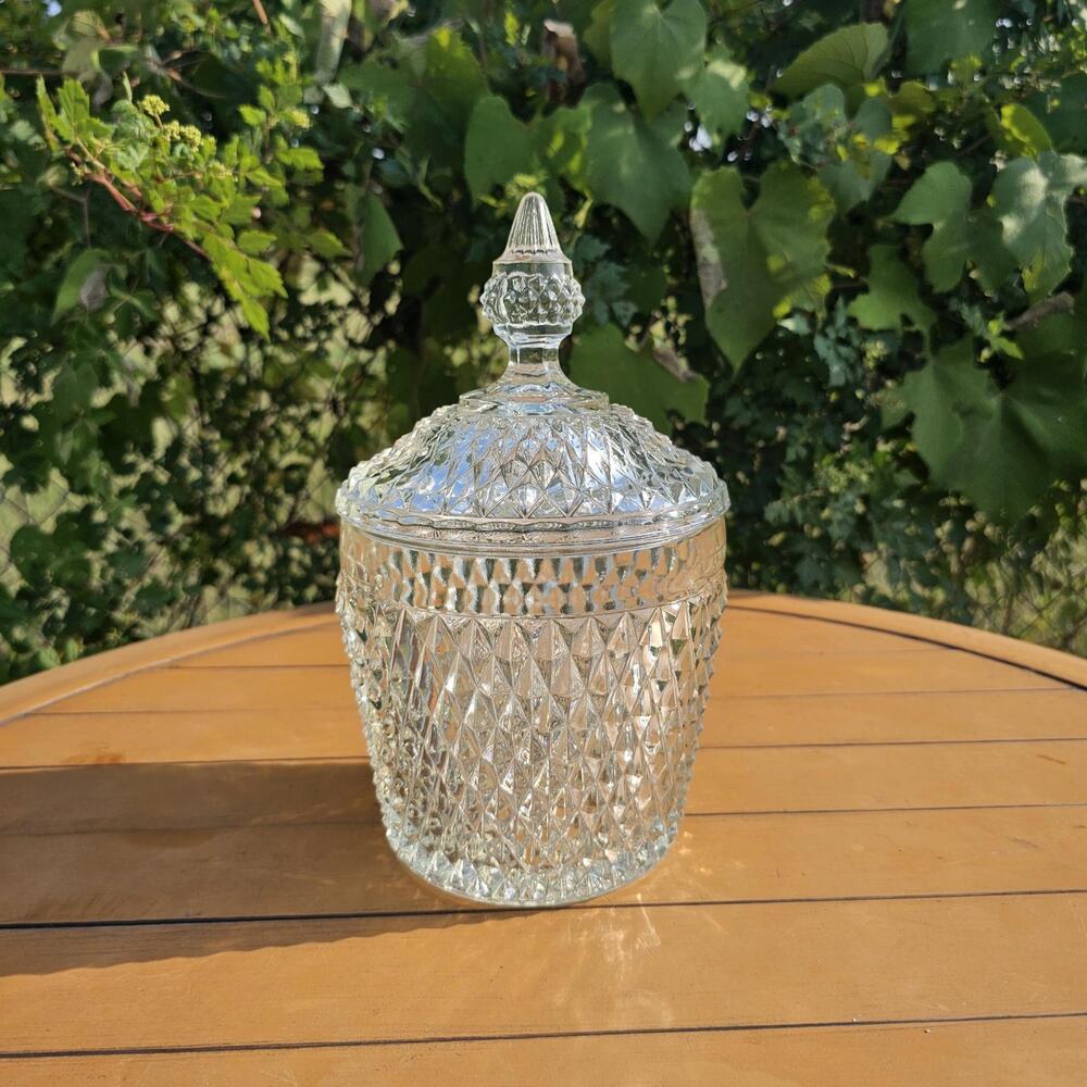 Vintage Indiana Glass Diamond Point Clear Ice Bucket with Lid